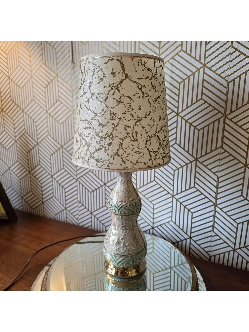 Vintage Midcentury White Green Gold Ceramic Accent Lamp Atomic Fiberglass Shade